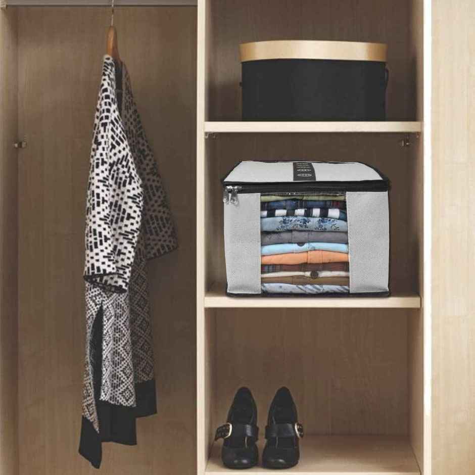 Prettykrafts Shirt Cover, Foldable & Durable Wardrobe Organizer, Pack Of 3 - Grey Black