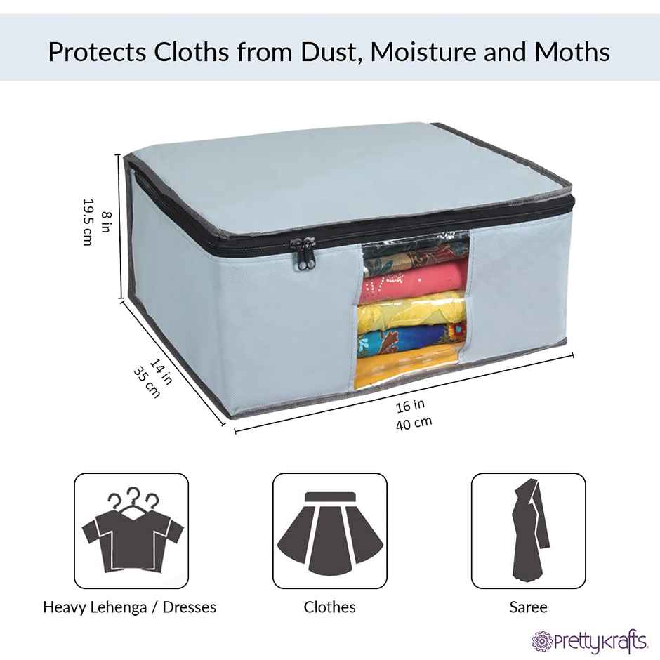 Prettykrafts Set Of 3 Non-Woven Foldable Saree Covers, Grey