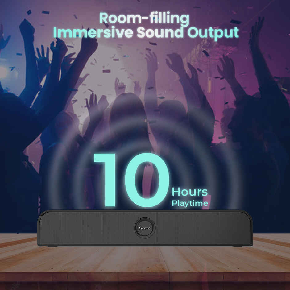 pTron Musicbot Evo 12W Bluetooth Soundbar Speaker 5.0, 10Hrs Playback, Stereo for Phone/TV/Laptop/Tablets/Projectors, Multi Modes Aux/TF Card/USB Drive & TWS Pairing - Black