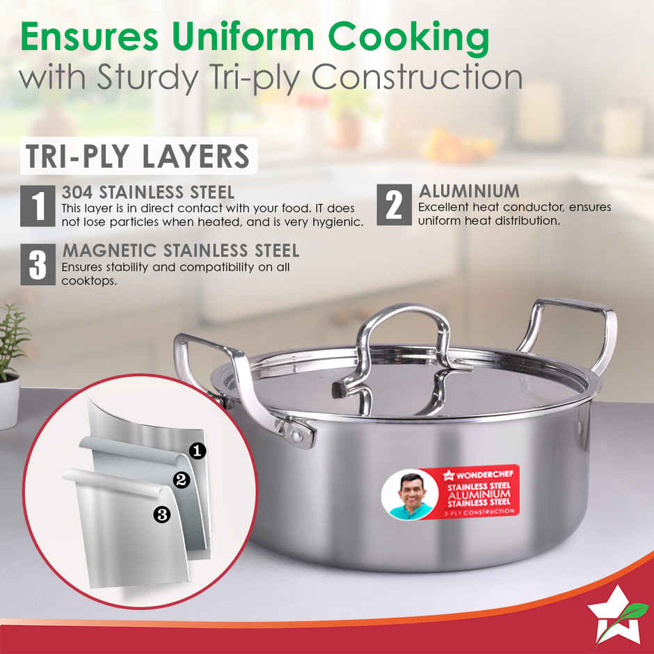 Wonderchef Stella Triply Stainless Steel Casserole with Lid | 22 cm | 3.5L