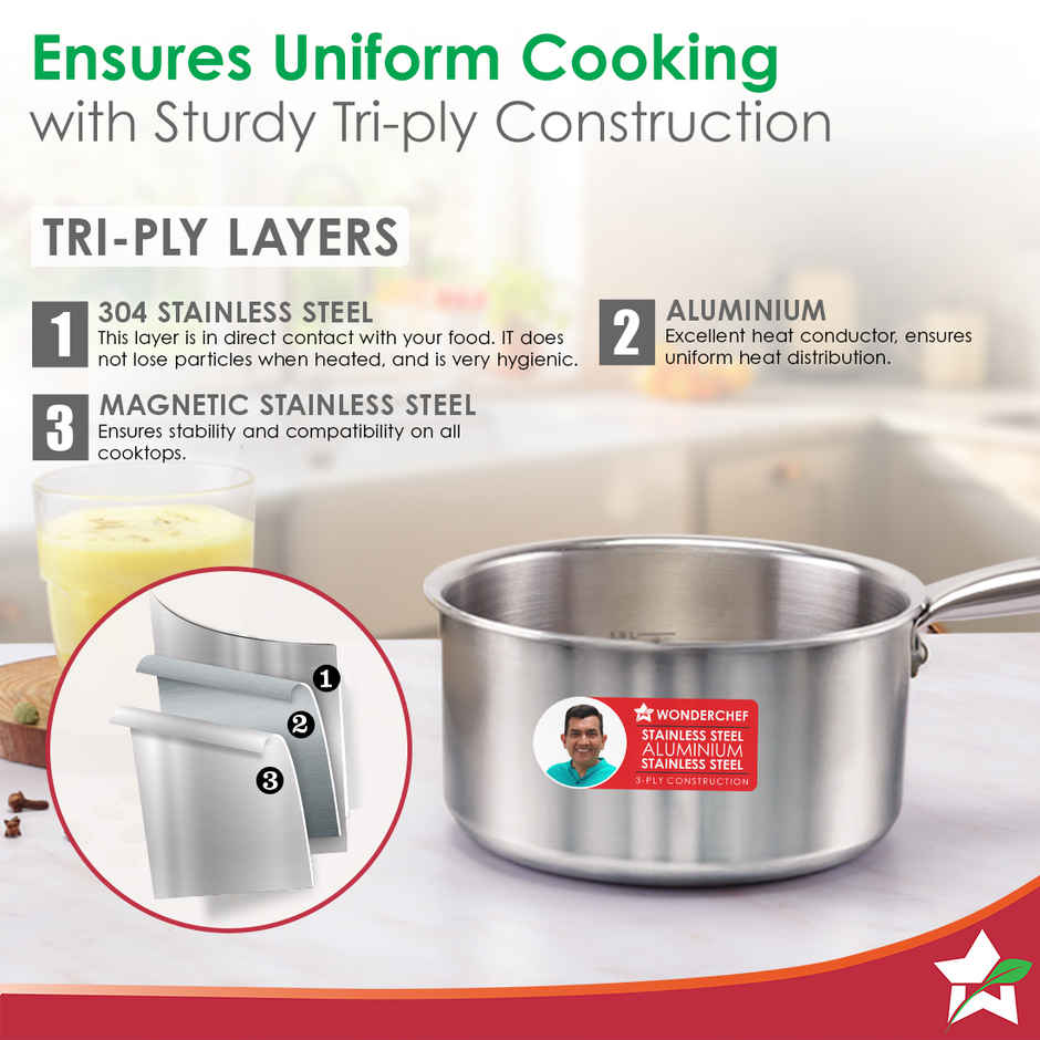 Wonderchef Stella Triply Stainless Steel Milk Pan | 16 cm | 1.7 L
