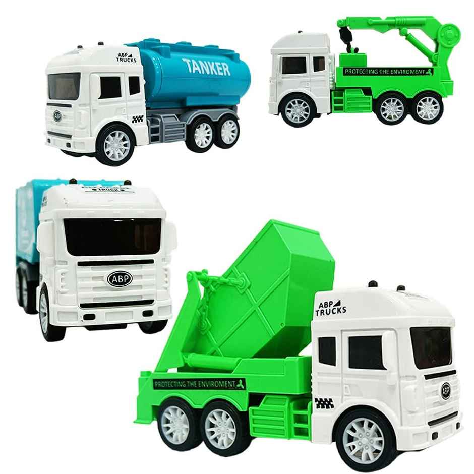 Toybharat 4-Pack Garbage Truck Set | Friction-Power Recycling | Crane | Tanker Toys | Assorted