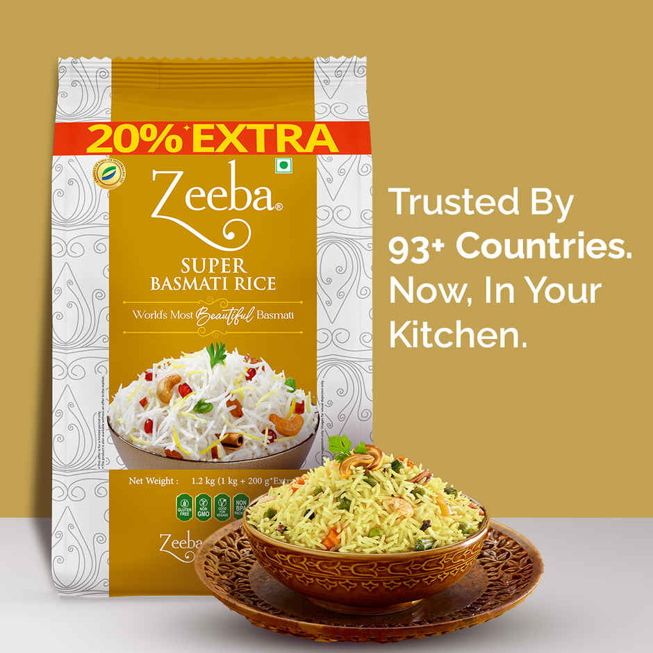 Zeeba Super Basmati Rice|Fluffy & Naturally Aromatic|Gluten Free Fine Grains|Cooked length upto 23mm