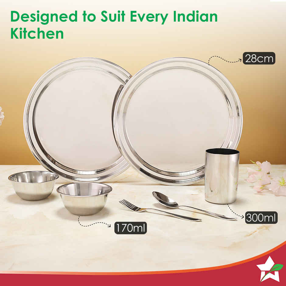 Wonderchef Venice Stainless Steel Dinner Set of 12 Pcs | Plates | Glasses | Bowls | Spoons
