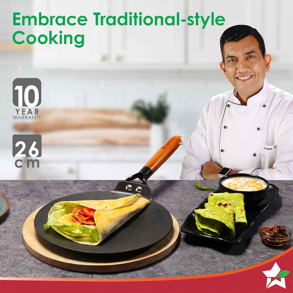 Wonderchef Ferro Cast Iron Roti Tawa with Wooden Handle | 26 cm