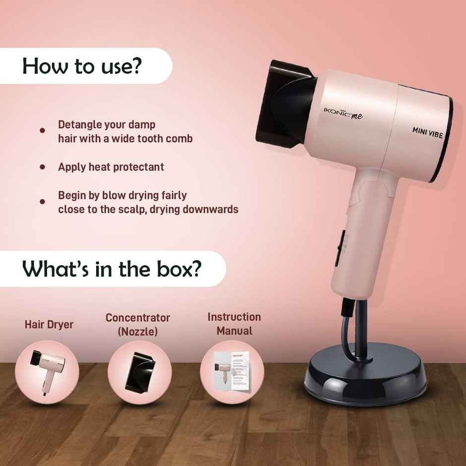 Ikonic Mini Vibe Hair Dryer 1200W, 2 Speed Setting Cool Shot Overheat Protection, Pink