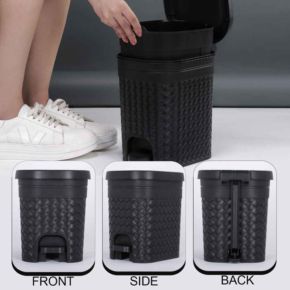 Kolorr Stitch 7 Liters Plastic Pedal Medium Dustbin With Lid And Inner Bucket,Kitchen,Office -Black