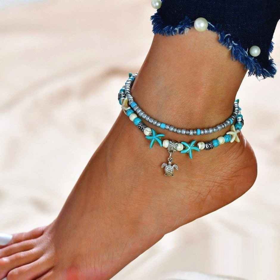 Shining Diva Fashion Shell Starfish Beads Charms Stylish Chain Anklet for Women and Girls | 9749a