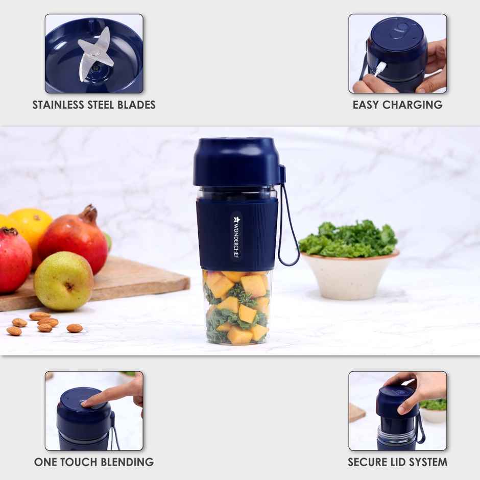 Wonderchef Nutri-Cup Portal Blender 300 ml & Stainless Steel Bottle 750 ml, Blue/Silver
