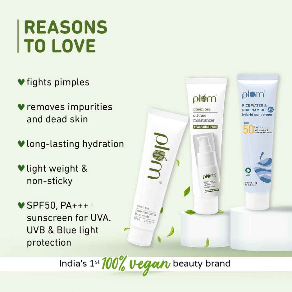 Plum Am & Pm Essentials Kit Pore Cleansing Facewash Oil-Free Moisturiser Hybrid Sunscreen