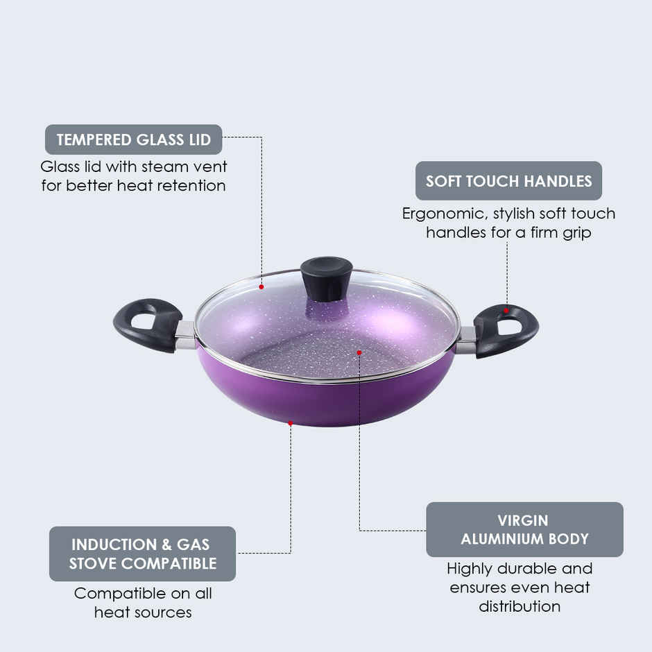 Wonderchef Tivoli Non-Stick Kadhai | 24 cm | 2 L | Glass Lid | Induction Compatible