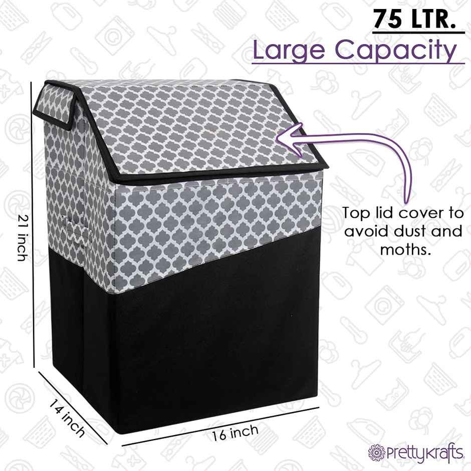 PrettyKrafts 75 L Laundry Basket with Lid | Foldable Cloth Storage & Organizer Box - Grey Black