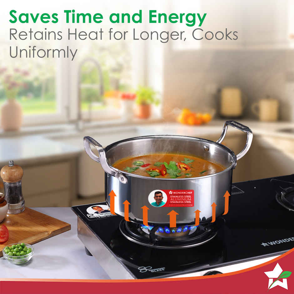 Wonderchef Stella Triply Stainless Steel Casserole with Lid | 22 cm | 3.5L
