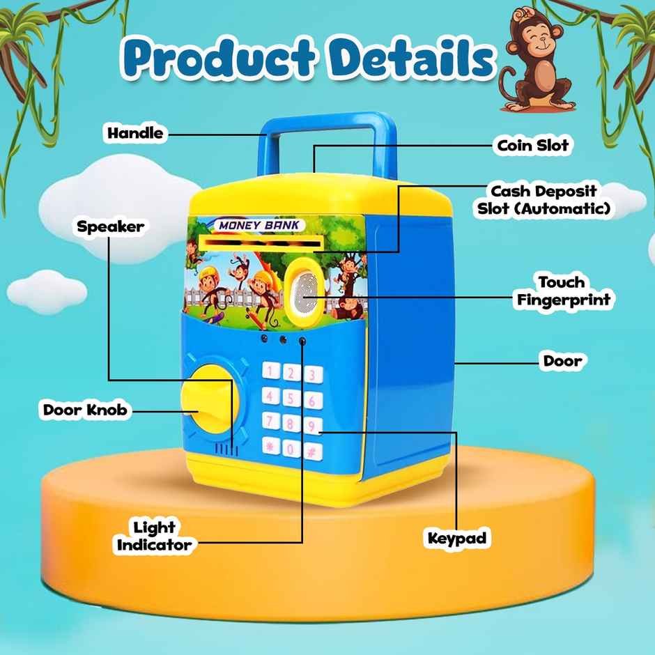 Wembley Finger Print Sensor ATM Piggy Bank for Kids Girl Boys Gullak for Money Bank - Blue