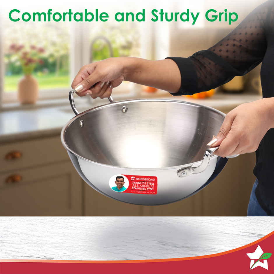 Wonderchef Stella Triply Stainless Steel Kadhai with Lid | 20 cm | 1.6 L