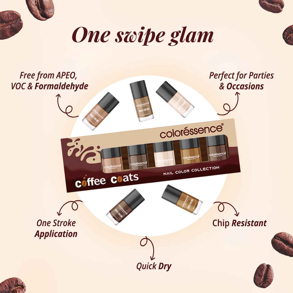 Coloressence Coffee Coats Nail Paint Kit with Free Remover |Glossy Finish|Quick Dry|Chip-Resistant