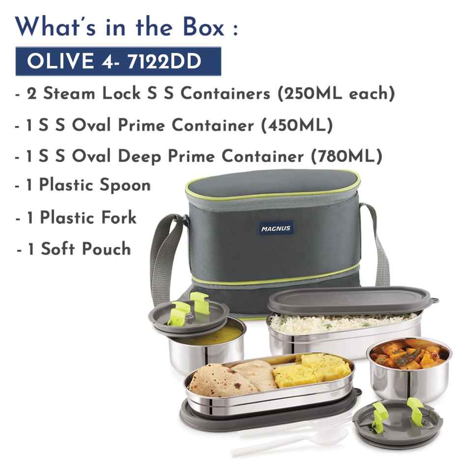 Magnus Olive 4 Lunchbox With Leak-Proof Steel Containers for School with Insulated Bag | 1730 ml