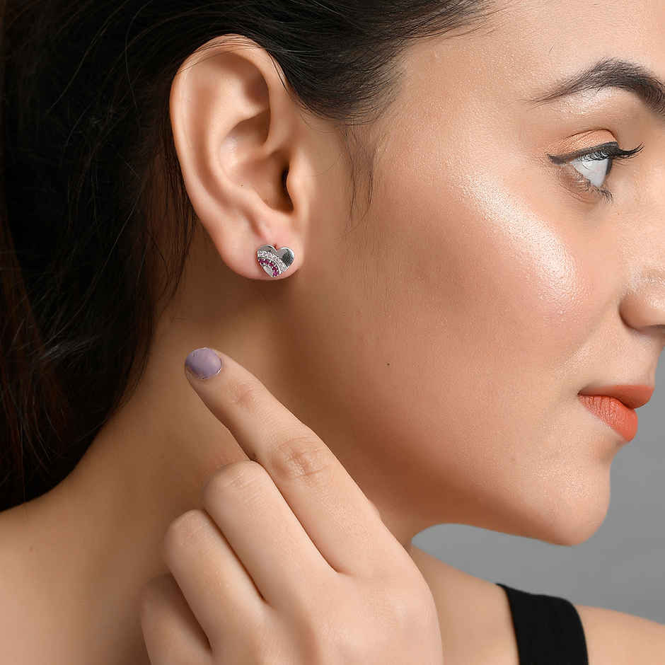 Voylla Collection Pink And Silver Cz Heart Stud Earrings