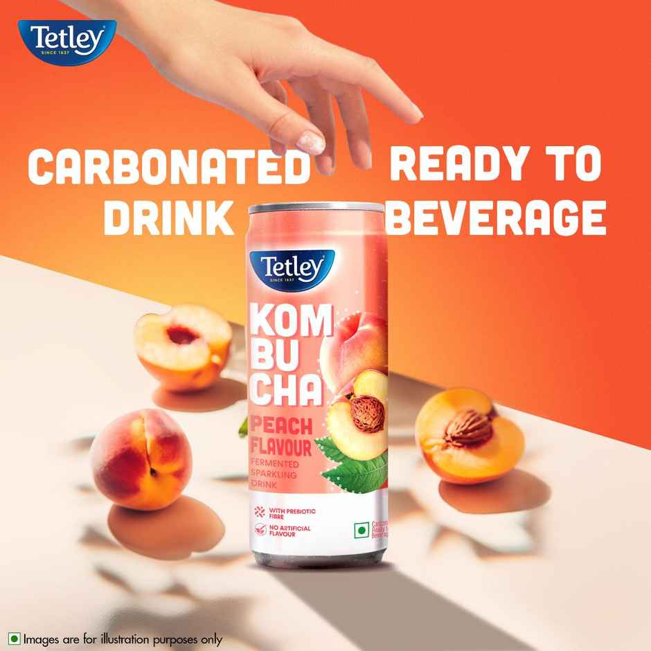 Tetley Peach Fermented Sparkling Drink with Prebiotic Fiber Kombucha Combo