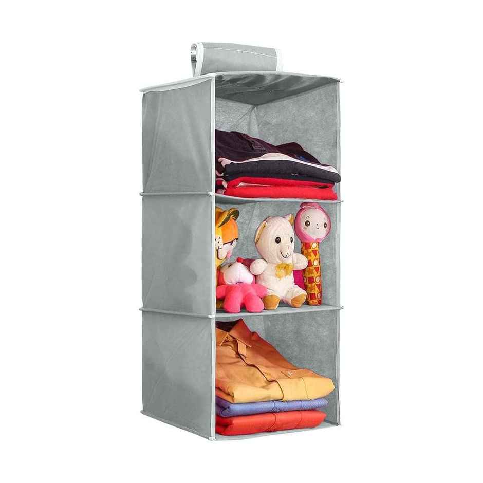 Prettykrafts 3 Tiers Clothes Hanging Organizer With Clear Windows And 1 Velcro Loop Grey