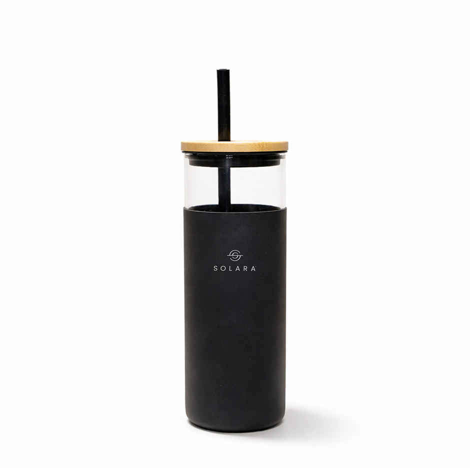 Solara Black Knight Glass Tumbler | 500 ml | Bamboo Lid, Silicone Straw & Silicone Sleeve | For Coffee