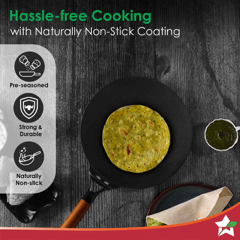 Wonderchef Ferro Cast Iron Roti Tawa with Wooden Handle | 26 cm