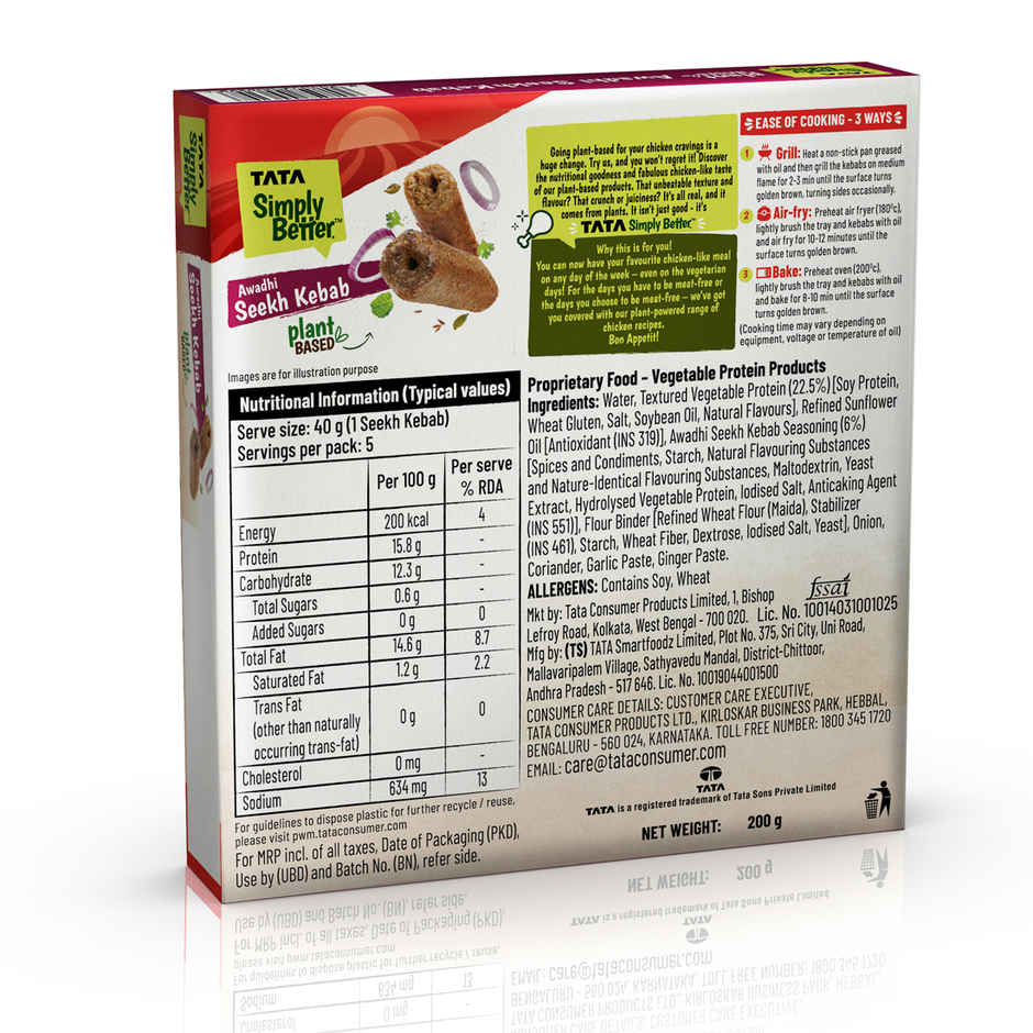 Tata Simply Better Plant-Based Chicken Awadhi Seekh Kebab, Tastes Just Like Chicken - 5 Pieces