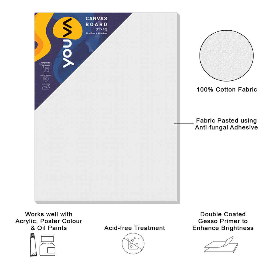 Navneet Youva Primed Canvas Board for Acrylic and Oil colour painting Size 12 x 16 inch