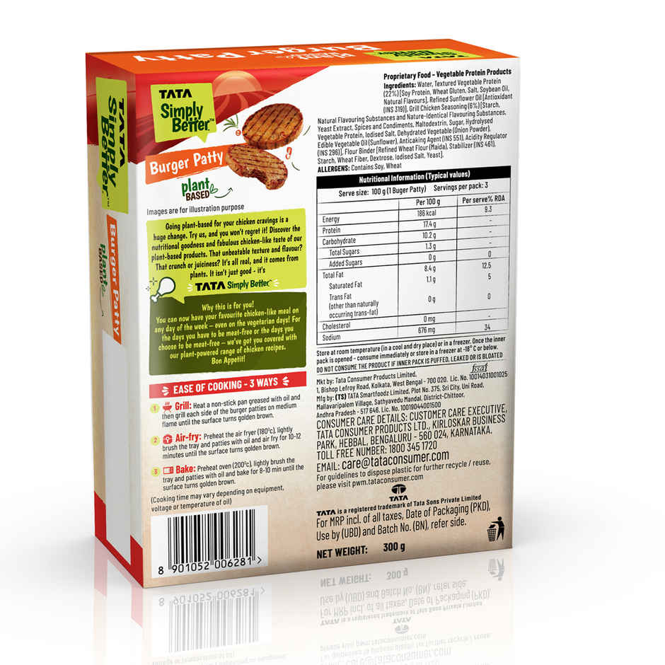 Tata Simply Better Plant-Based Chicken Burger Patty, Tastes Just Like Chicken - 3 Pieces