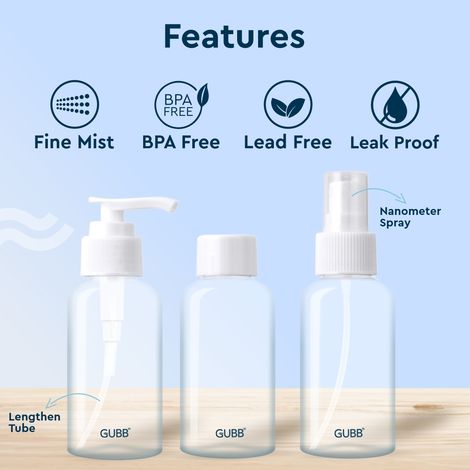 GUBB Travel Bottle Set For Toiletries Refillable Bottles With Pump Spray & Cap