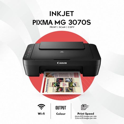 Canon PIXMA MG3070S All in One (Print, Scan, Copy) WiFi Inkjet Colour Printer for Home