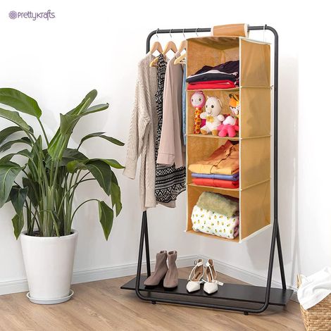 PrettyKrafts 4 Shelf Hanging Wardrobe Organizer - Beige Wall Hanging Cloth Storage Rack
