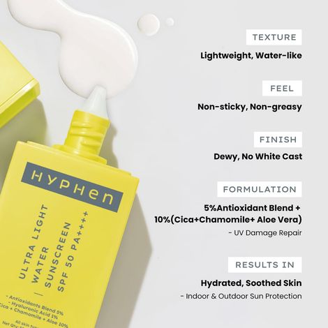 Hyphen Ultra Light Water Sunscreen SPF 50 Pa ++++ UVA-UVB & Blue Light Protection, No White Cast