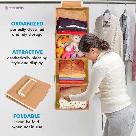 PrettyKrafts 4 Shelf Hanging Wardrobe Organizer - Beige Wall Hanging Cloth Storage Rack