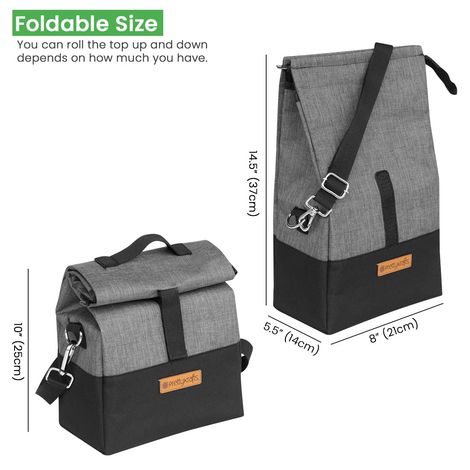 PrettyKrafts Lunch Bags Reusable Lunch Bag with Hook and Loop Closure Grey and Black