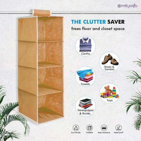 PrettyKrafts 4 Shelf Hanging Wardrobe Organizer - Beige Wall Hanging Cloth Storage Rack