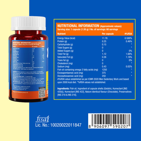 Fast&Up 1250 mg Omega 3 Fish Oil Capsules - No Fishy Burp and No Aftertaste