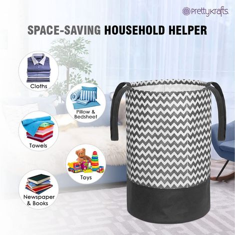 PrettyKrafts 45 Ltr Folding Laundry Basket for Clothes, Set of 1, Black & White