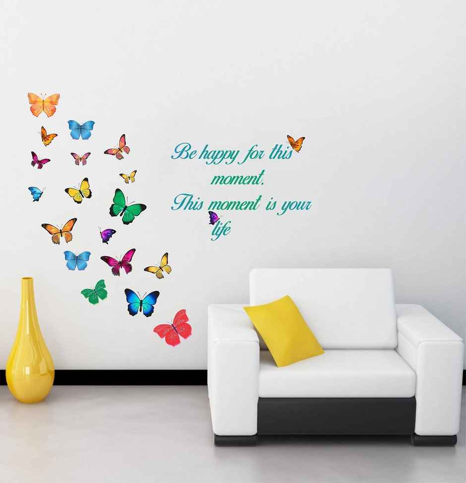Wollzo 72 cm Butterfly with Happy Quotes(80 x 70 cm) Self Adhesive Sticker