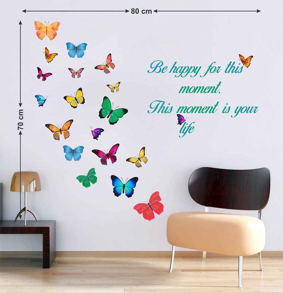 Wollzo 72 cm Butterfly with Happy Quotes(80 x 70 cm) Self Adhesive Sticker