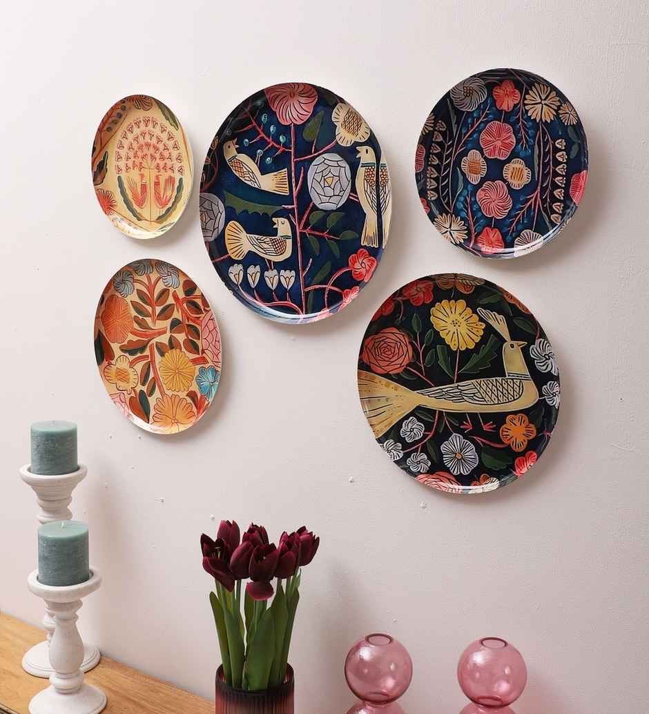 Amaya Decors Bird Metal & Meena Wall Plates Set Of 5 - Assorted