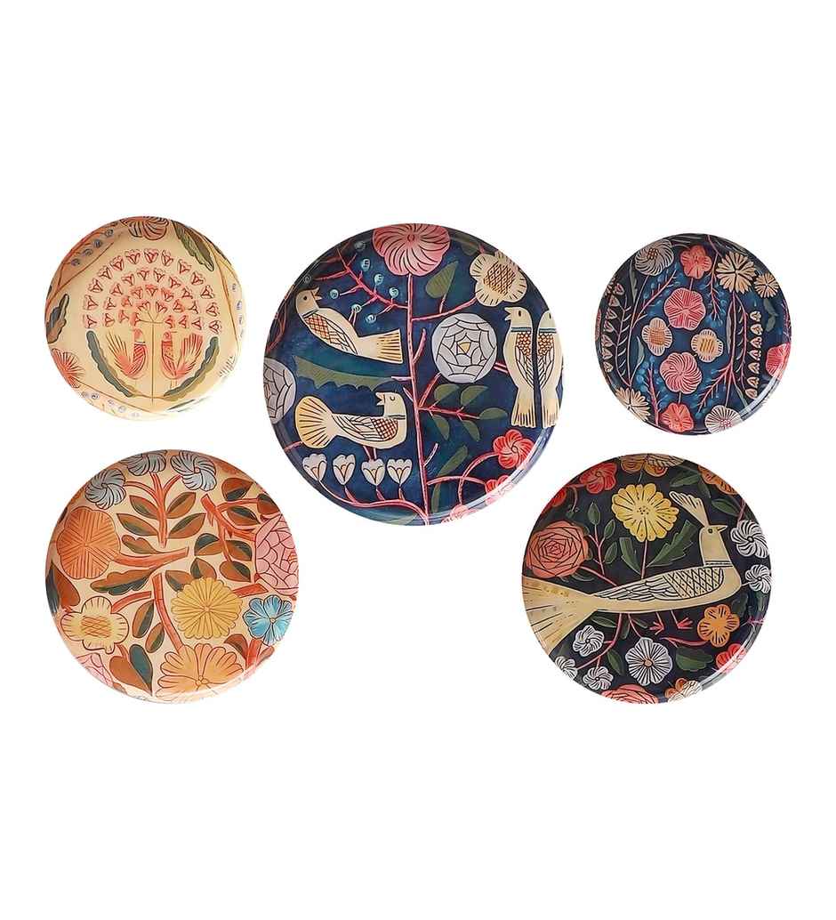 Amaya Decors Bird Metal & Meena Wall Plates Set Of 5 - Assorted