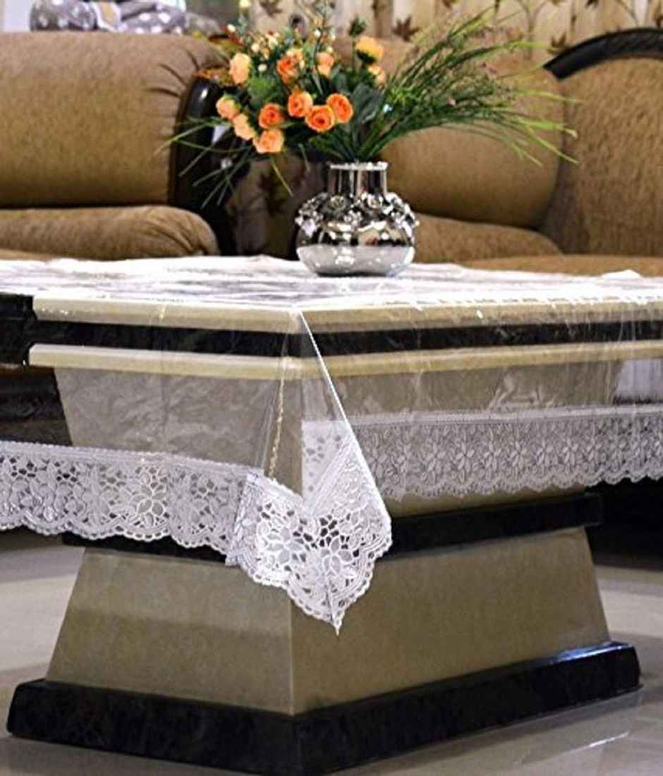 Kuber Industries PVC 4 Seater Center Table Cover|Silver Lace Transparent- Rectangle, KUBMART02706