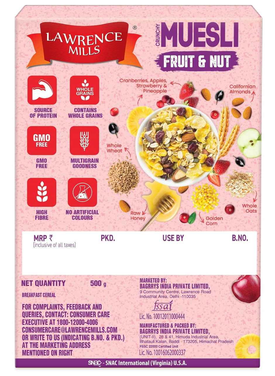 Lawrence Mills Crunchy Fruit & Nut Muesli 87% Fruits Nuts & Multi-Grains