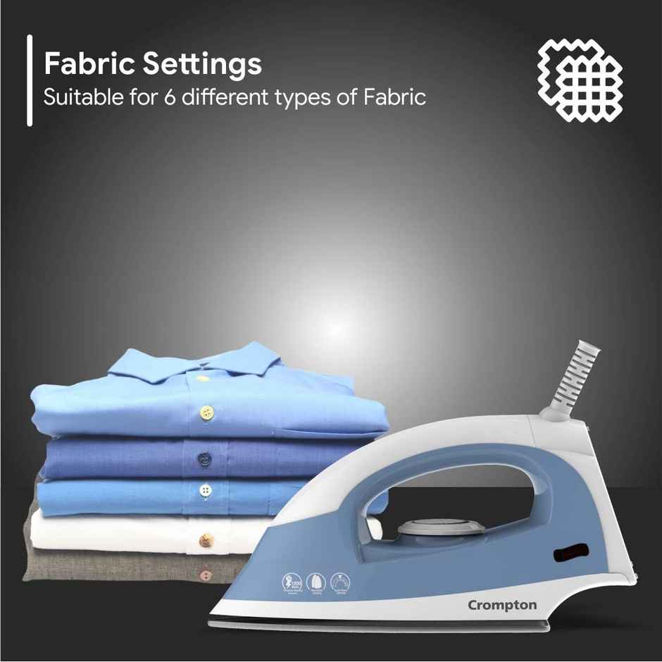 Crompton Brio 1000-Watts Dry Iron With Weilburger Coating, 6 Fabric Settings - Sky Blue And White