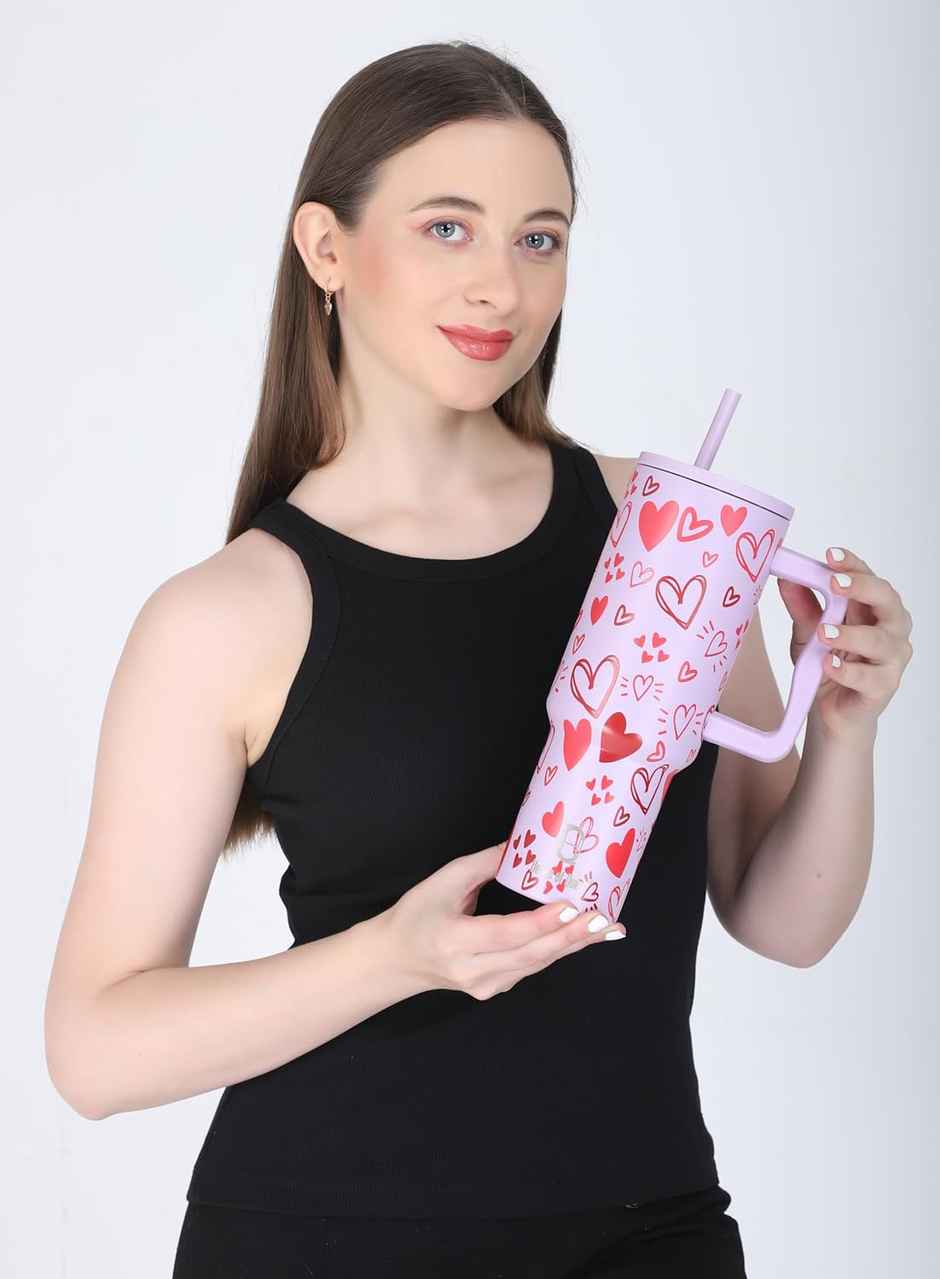House of Quirk Stainless Steel Tumbler with Handle & Lid | 2 Straws Use | Mauve Heart - 1200 ml