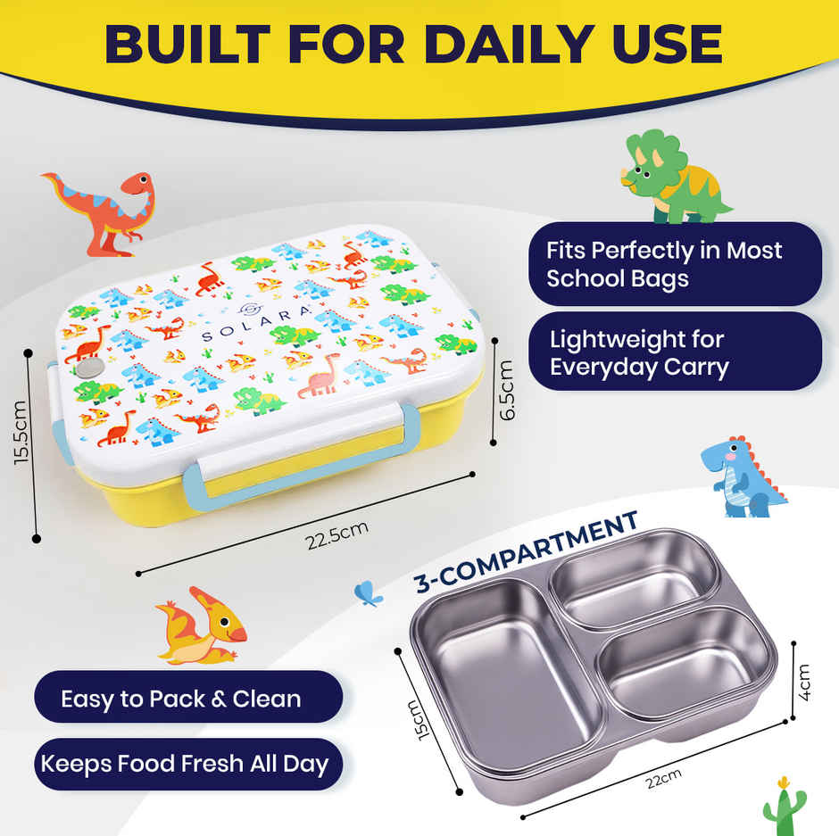 SOLARA Premium Stainless Steel Lunch Box for Kids | Leak Proof | Tiffin Box for Boys & Girls | Dino