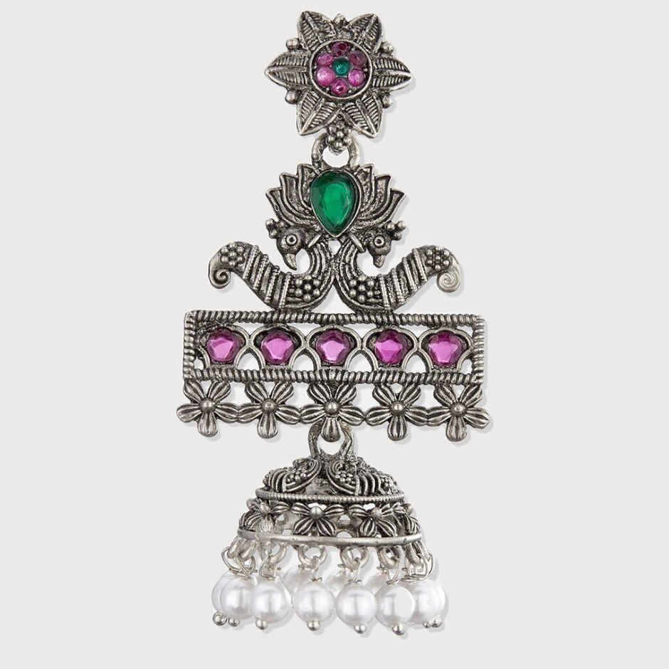 Aatmana Pink & Green Oxidised Silver-Plated German Silver Stone Studded & Beaded Jhumkas