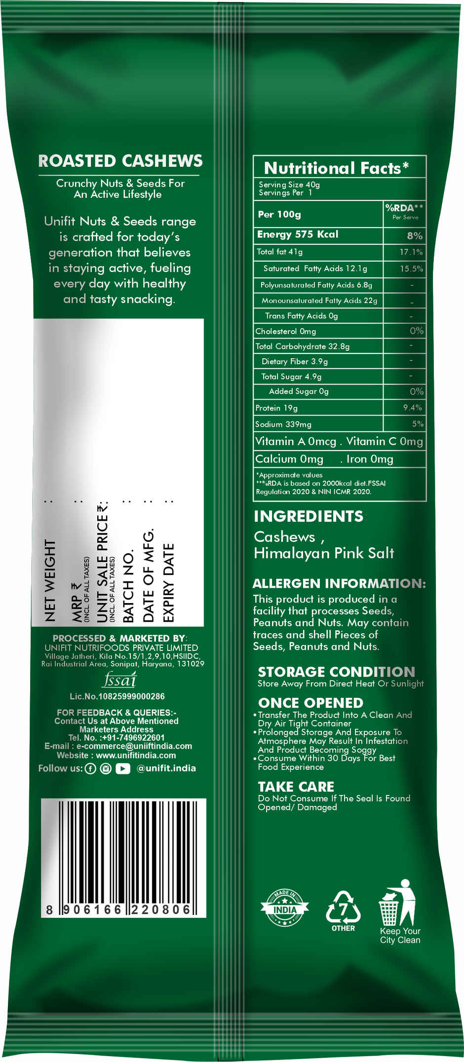 Unifit Salted Cashews | Crunchy Roasted Snack | Protein & Fibre Rich