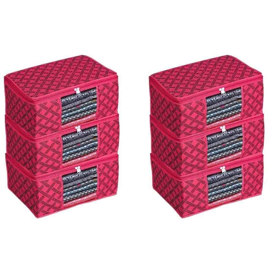 Perpetual Saree Organizer - Foldable Cover with Zip | Transparent Window | Red Checker | Pack of 6
